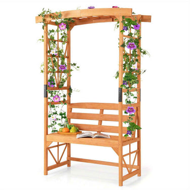Patio Garden Arch Archway 2-Seat Wooden Bench w/ 2 Trellises & Pergola